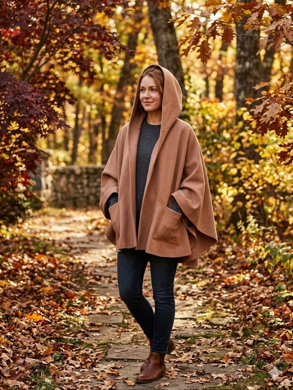 Gentle Fawn Camel Brown Open-Front Cape with Patch Pockets